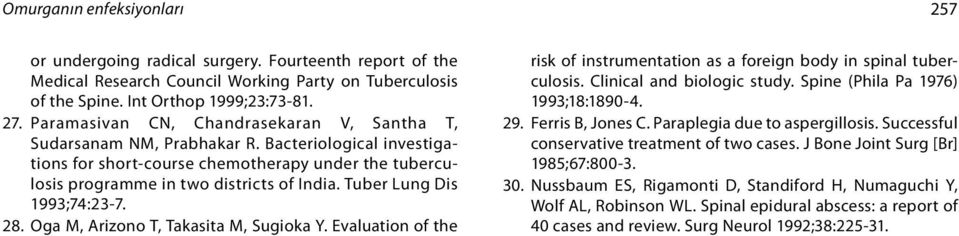 Tuber Lung Dis 1993;74:23-7. 28. Oga M, Arizono T, Takasita M, Sugioka Y. Evaluation of the risk of instrumentation as a foreign body in spinal tuberculosis. Clinical and biologic study.