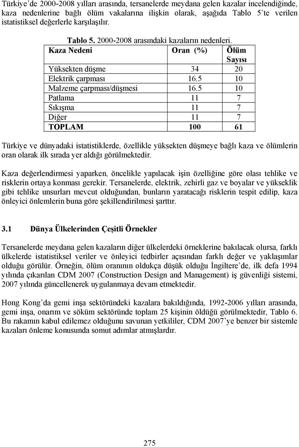 5 10 Patlama 11 7 Sıkışma 11 7 Diğer 11 7 TOPLAM 100 61 Türkiye ve dünyadaki istatistiklerde, özellikle yüksekten düşmeye bağlı kaza ve ölümlerin oran olarak ilk sırada yer aldığı görülmektedir.