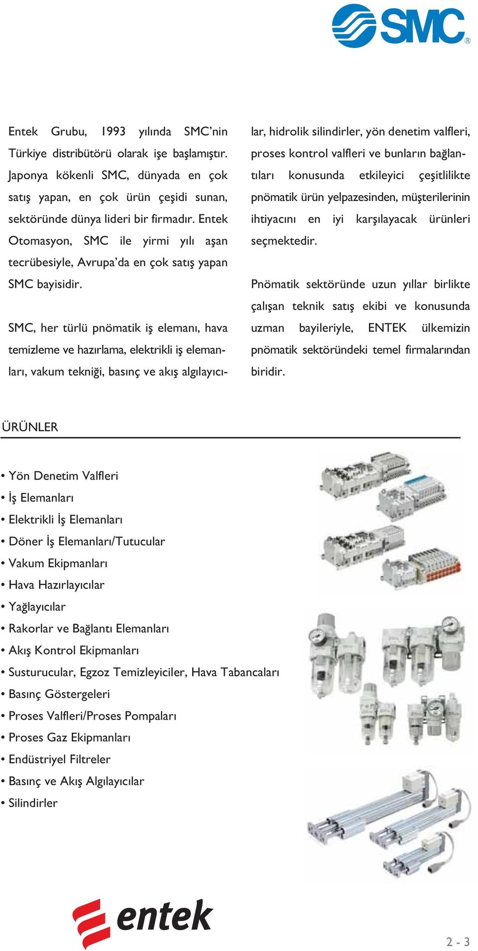 SMC, her türlü pnömatik iş elemanı, hava temizleme ve hazırlama, elektrikli iş elemanları, vakum tekniği, basınç ve akış algılayıcılar, hidrolik silindirler, yön denetim valfleri, proses kontrol