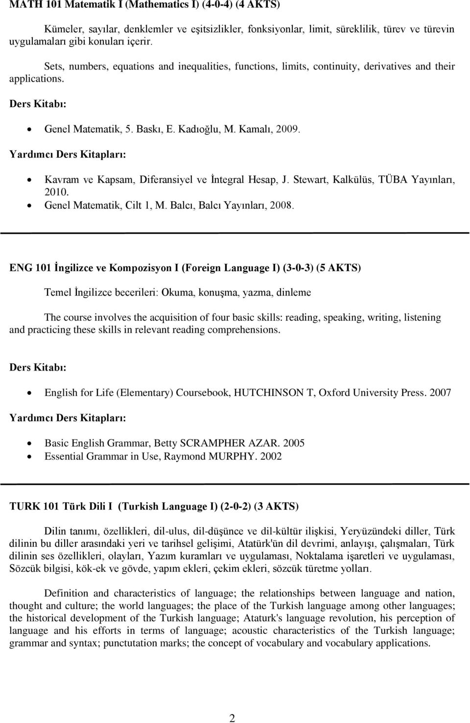 Yardımcı Ders Kitapları: Kavram ve Kapsam, Diferansiyel ve İntegral Hesap, J. Stewart, Kalkülüs, TÜBA Yayınları, 2010. Genel Matematik, Cilt 1, M. Balcı, Balcı Yayınları, 2008.