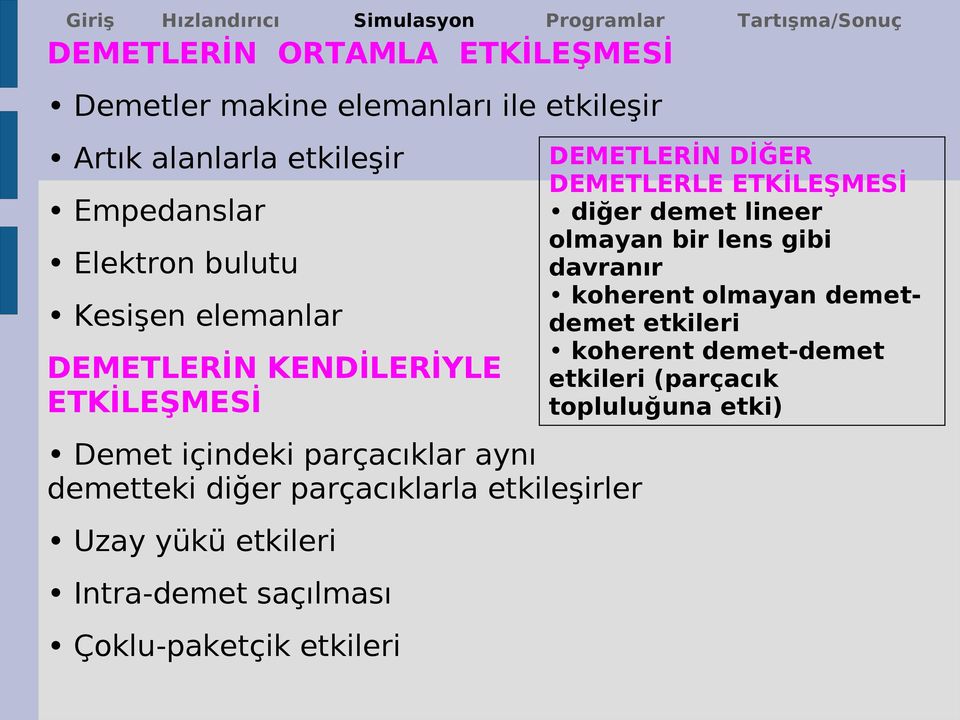 lens gibi davranır koherent olmayan demetdemet etkileri koherent demet-demet etkileri (parçacık topluluğuna etki) Demet