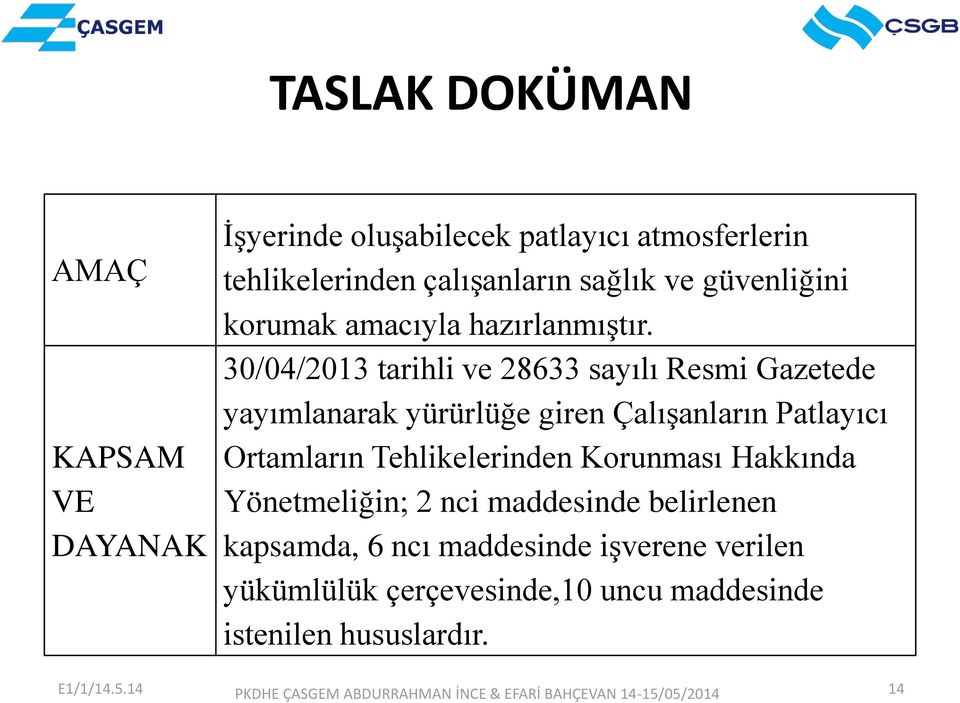 30/04/2013 tarihli ve 28633 sayılı Resmi Gazetede yayımlanarak yürürlüğe giren Çalışanların Patlayıcı Ortamların