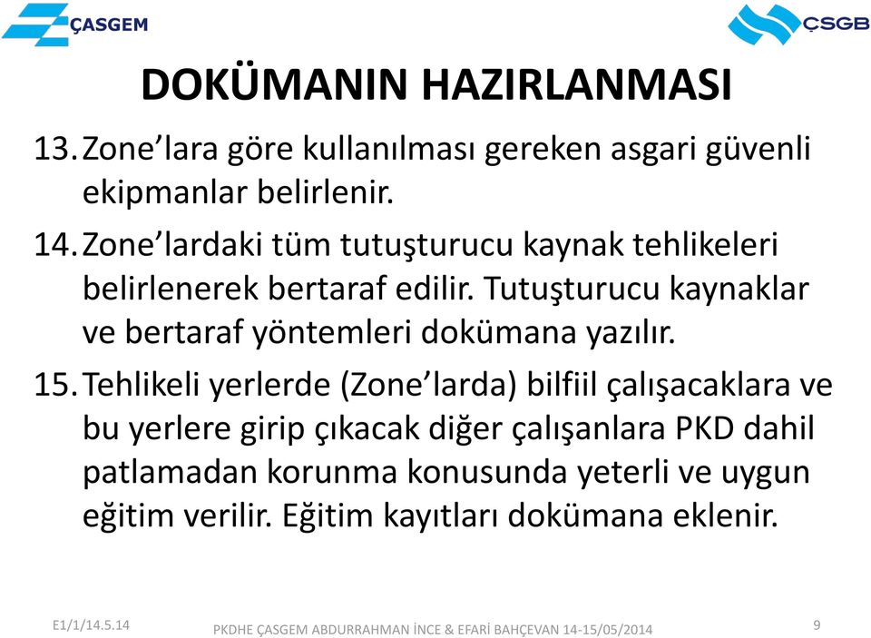 Tutuşturucu kaynaklar ve bertaraf yöntemleri dokümana yazılır. 15.