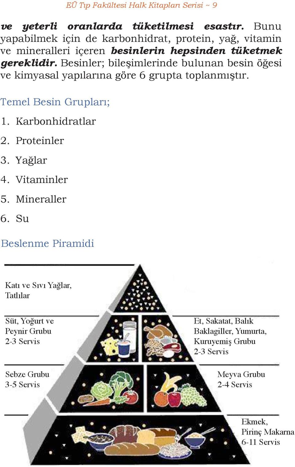 Besinler; bileşimlerinde bulunan besin öğesi ve kimyasal yapılarına göre 6 grupta toplanmıştır. Temel Besin Grupları; 1. Karbonhidratlar 2. Proteinler 3.