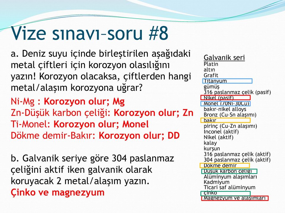 Galvanik seriye göre 304 paslanmaz çeliğini aktif iken galvanik olarak koruyacak 2 metal/alaşım yazın.