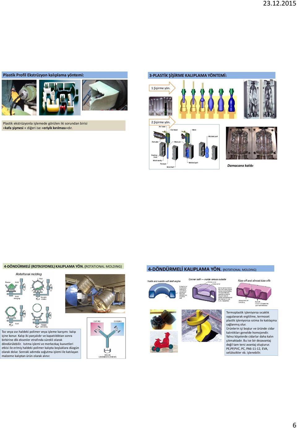 (ROTATIONAL MOLDING) 4-DÖNDÜRMELİ KALIPLAMA YÖN. (ROTATIONAL MOLDING) Toz veya sıvı haldeki polimer veya işleme karışımı kalıp içine konur.