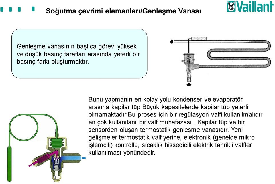 bu proses için bir regülasyon valfi kullanılmalıdır en çok kullanılanı bir valf muhafazası, Kapilar tüp ve bir sensörden oluşan termostatik genleşme