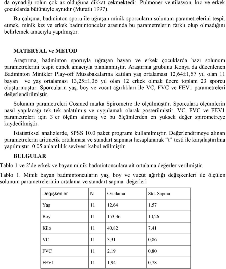 yapılmıģtır. MATERYAL ve METOD AraĢtırma, badminton sporuyla uğraģan bayan ve erkek çocuklarda bazı solunum parametrelerini tespit etmek amacıyla planlanmıģtır.