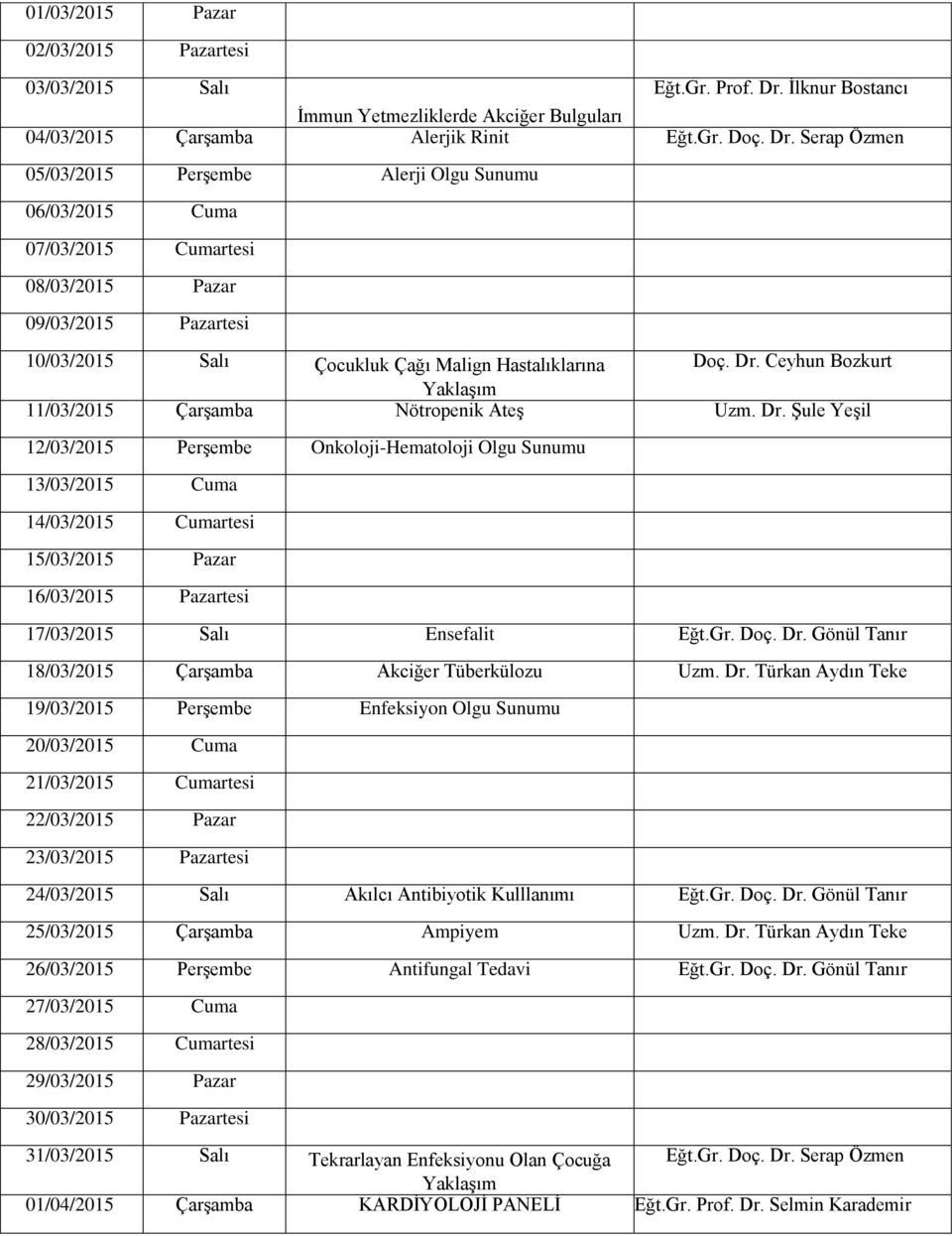 Serap Özmen 05/03/2015 Perşembe Alerji Olgu Sunumu 06/03/2015 Cuma 07/03/2015 Cumartesi 08/03/2015 Pazar 09/03/2015 Pazartesi 10/03/2015 Salı Çocukluk Çağı Malign Hastalıklarına Doç. Dr.