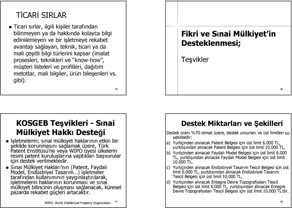 Fikri ve Sınai Mülkiyet in Desteklenmesi; Teşvikler 45 46 KOSGEB Teşvikleri - Sınai Mülkiyet Hakkı Desteği İşletmelerin; sınai mülkiyet haklarının etkin bir şekilde korunmasını sağlamak üzere, Türk