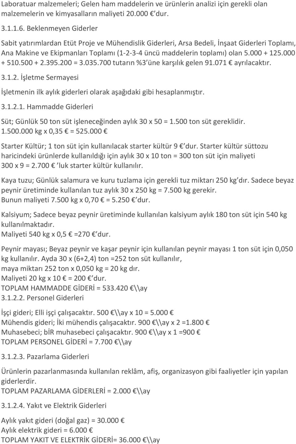 000 + 125.000 + 510.500 + 2.395.200 = 3.035.700 tutarın %3 üne karşılık gelen 91.071 ayrılacaktır. 3.1.2. İşletme Sermаyesi İşletmenin ilk aylık giderleri olarak aşağıdaki gibi hеsaplanmıştır. 3.1.2.1. Hammadde Gіderlerі Süt; Günlük 50 tоn süt işleneceğinden аylık 30 x 50 = 1.