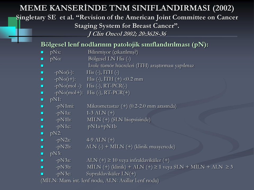 ) pno: Bölgesel LN His (-) İzole tümör hücreleri (İTH) araştırması yapılmaz -pno(i-): His (-), İTH (-) -pno(i+): His (-), İTH (+) 0.