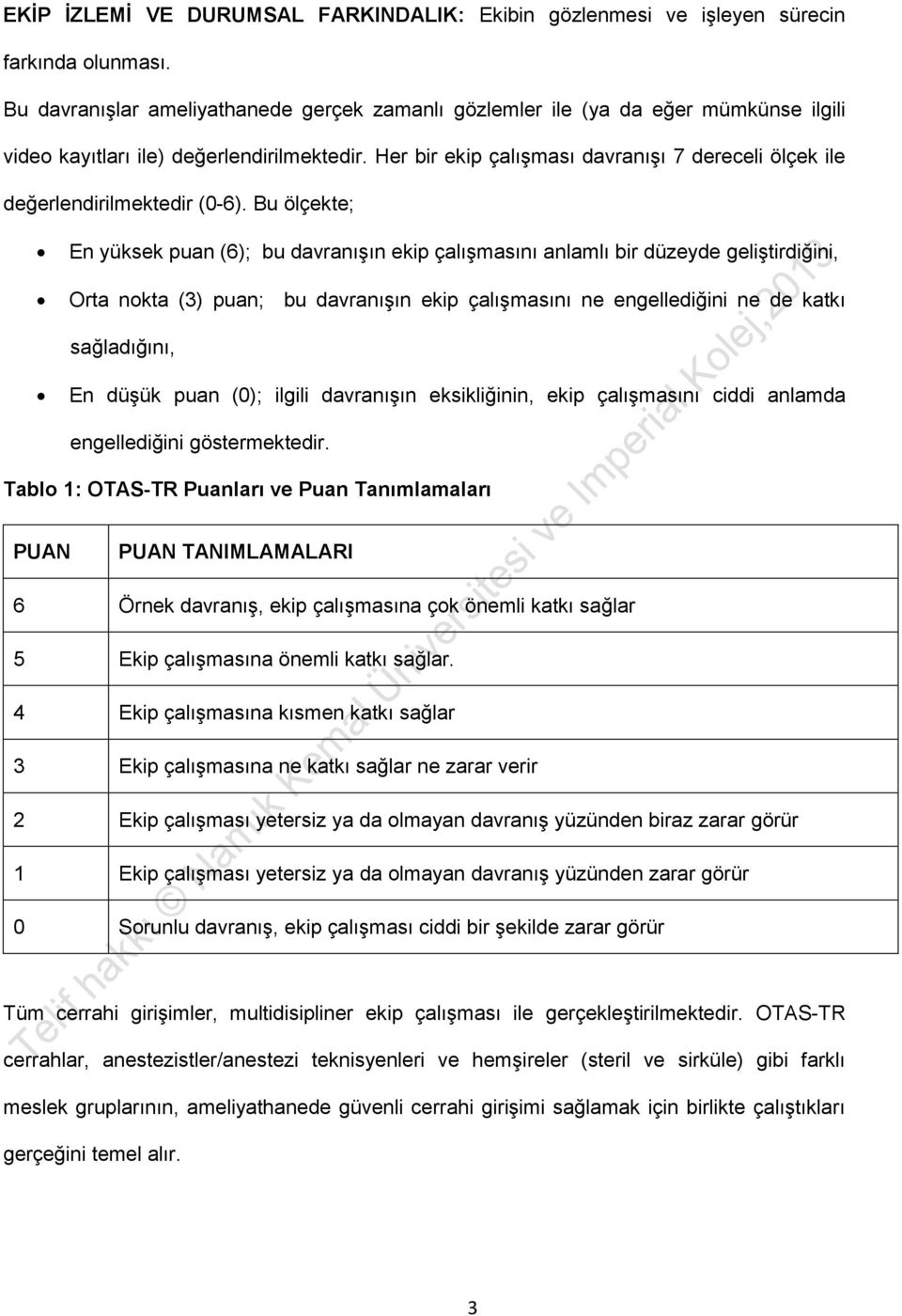 Her bir ekip çalışması davranışı 7 dereceli ölçek ile değerlendirilmektedir (0-6).