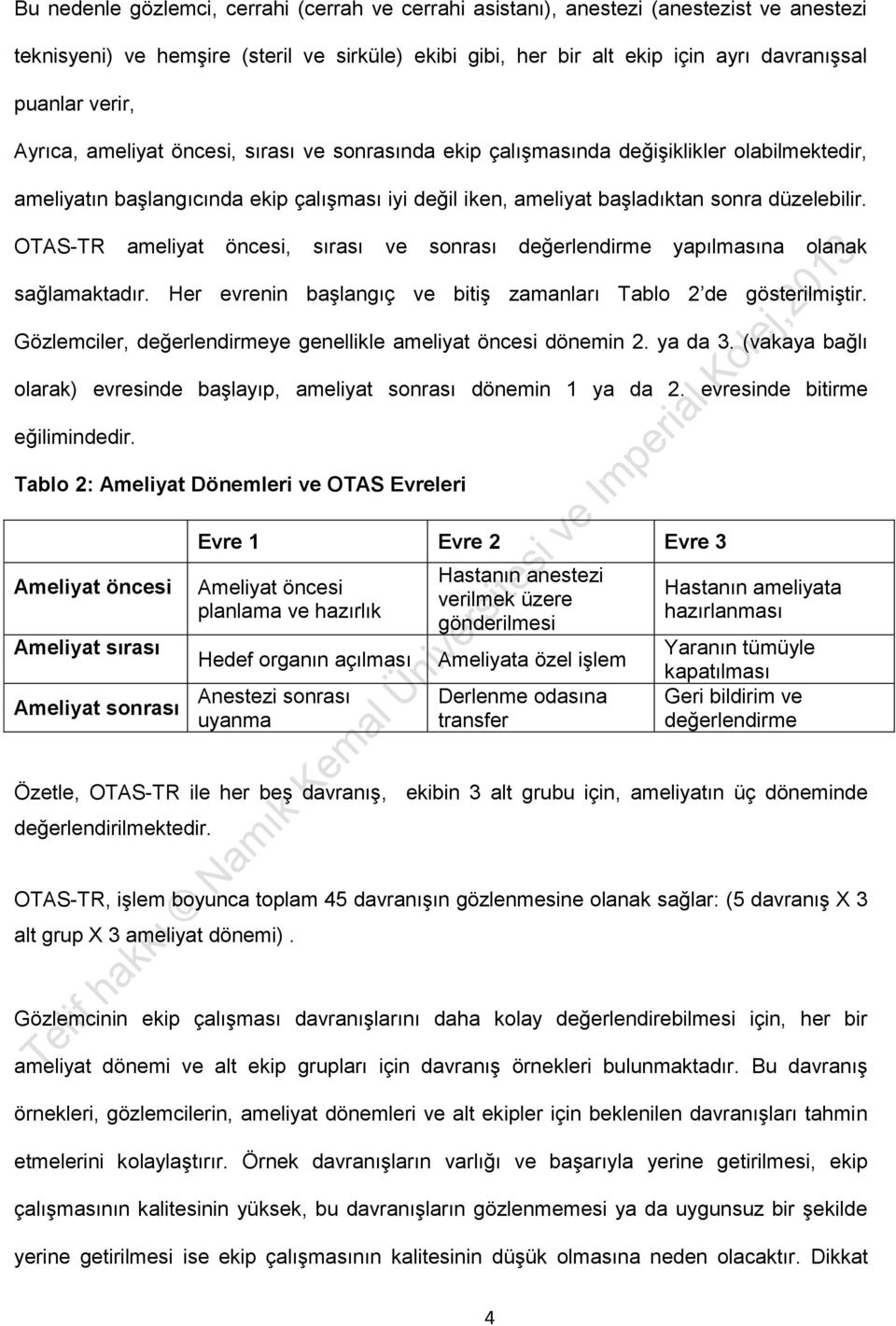 OTAS-TR ameliyat öncesi, sırası ve sonrası değerlendirme yapılmasına olanak sağlamaktadır. Her evrenin başlangıç ve bitiş zamanları Tablo 2 de gösterilmiştir.