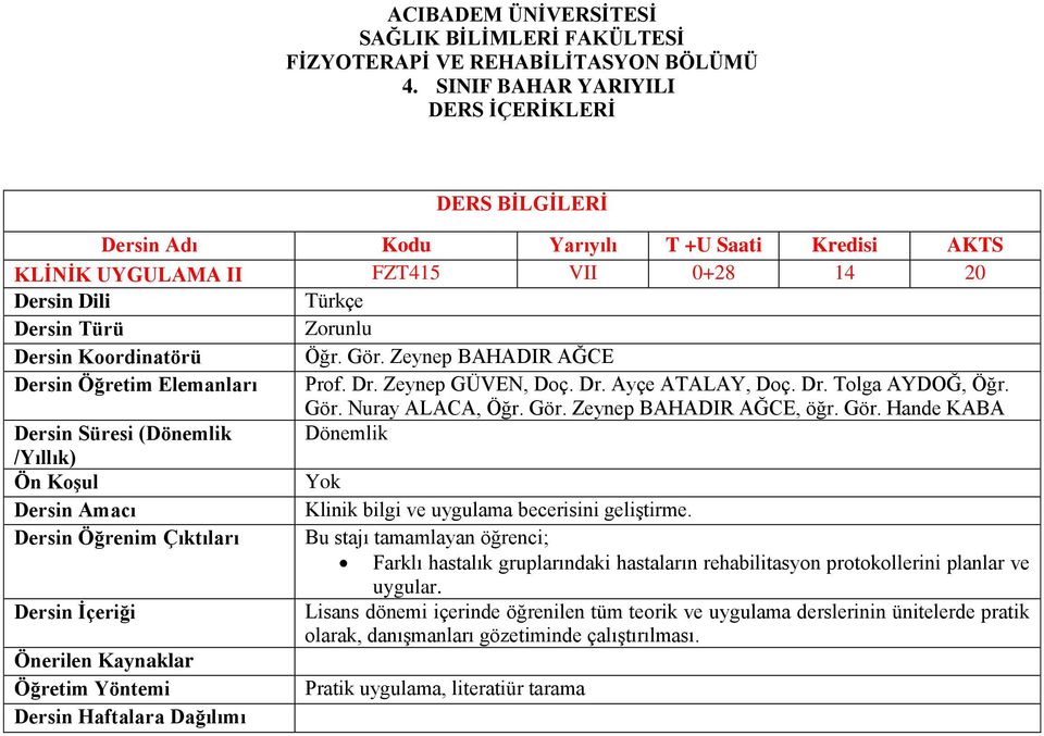 Dr. Ayçe ATALAY, Doç. Dr. Tolga AYDOĞ, Öğr. Gör. Nuray ALACA, Öğr. Gör. Zeynep BAHADIR AĞCE, öğr. Gör. Hande KABA Klinik bilgi ve uygulama becerisini geliştirme.