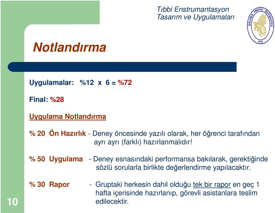 % 50 Uygulama - Deney esnasındaki performansa bakılarak, gerektiğinde sözlü sorularla birlikte değerlendirme