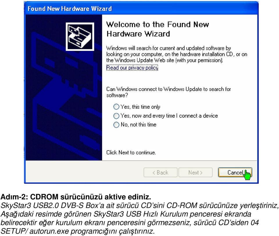 resimde görünen SkyStar3 USB Hızlı Kurulum penceresi ekranda belirecektir eğer