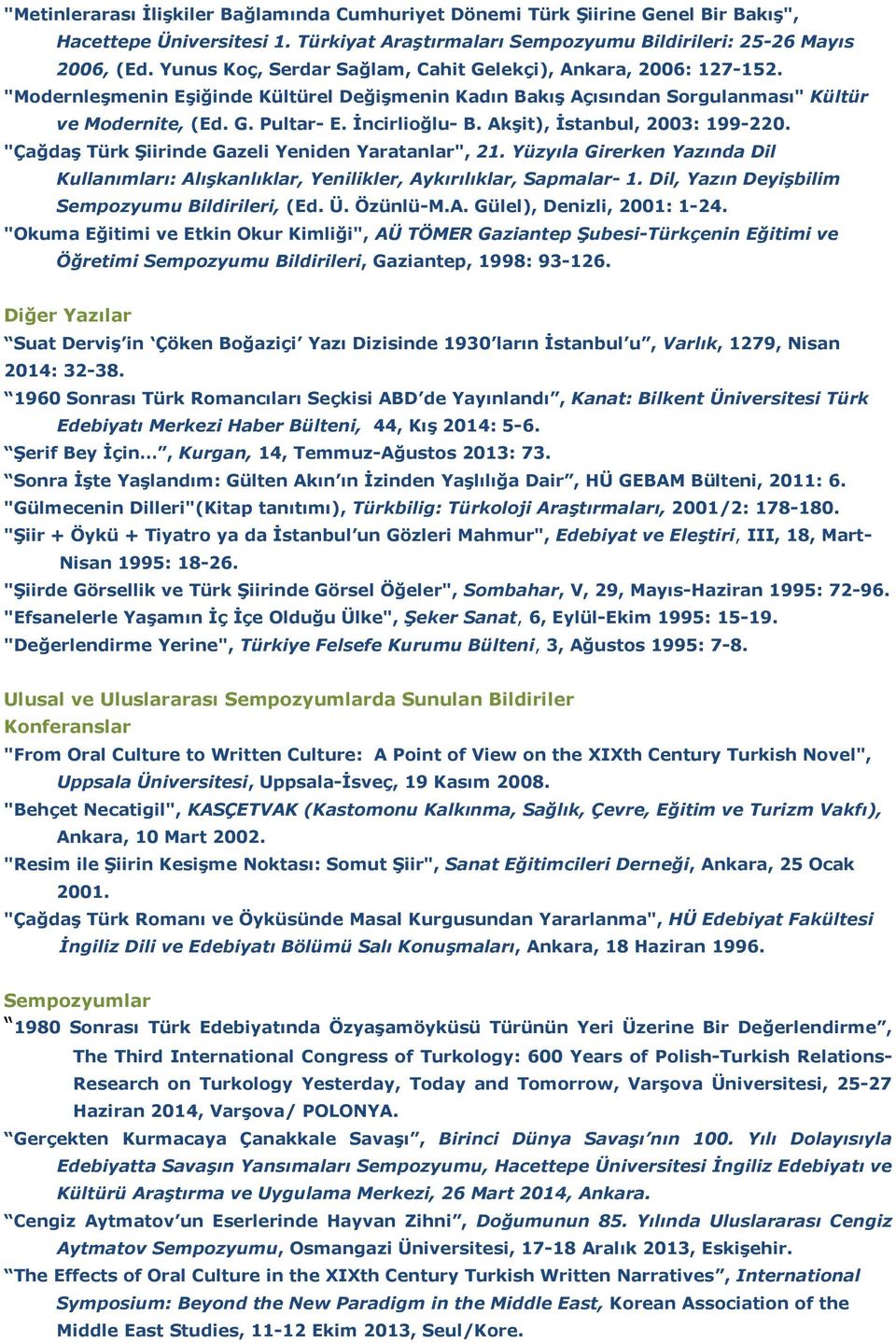 İncirlioğlu- B. Akşit), İstanbul, 2003: 199-220. "Çağdaş Türk Şiirinde Gazeli Yeniden Yaratanlar", 21. Yüzyıla Girerken Yazında Dil Kullanımları: Alışkanlıklar, Yenilikler, Aykırılıklar, Sapmalar- 1.