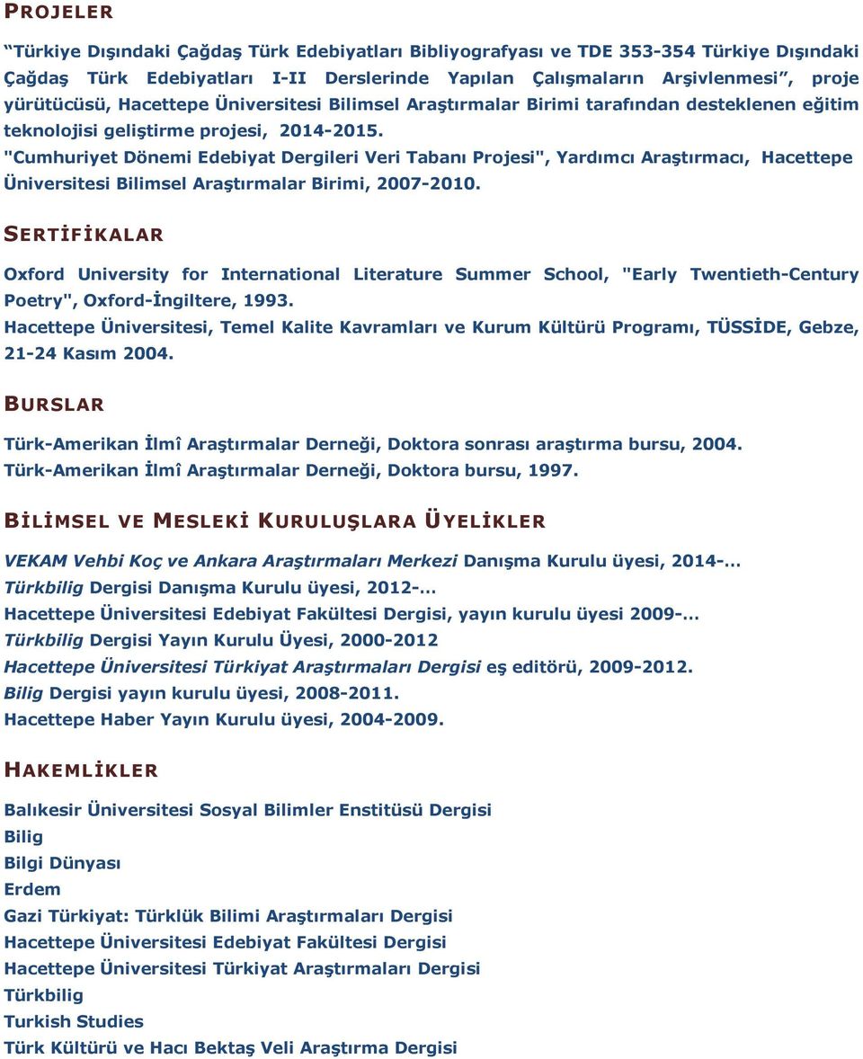 "Cumhuriyet Dönemi Edebiyat Dergileri Veri Tabanı Projesi", Yardımcı Araştırmacı, Hacettepe Üniversitesi Bilimsel Araştırmalar Birimi, 2007-2010.