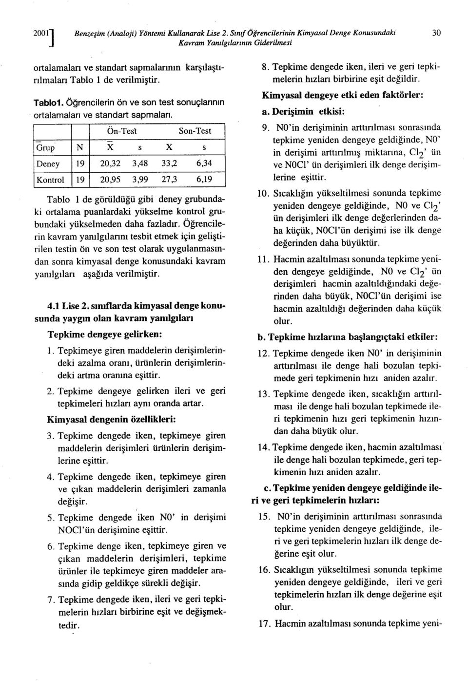 görüldüğü gibi deney grubundaki ortalama puanlardaki yükselme kontrol grubundaki yükselmeden daha fazladır Öğrencilerin kavram yanılgılannı tesbit etmek için geliştirilen testin ön ve son test olarak