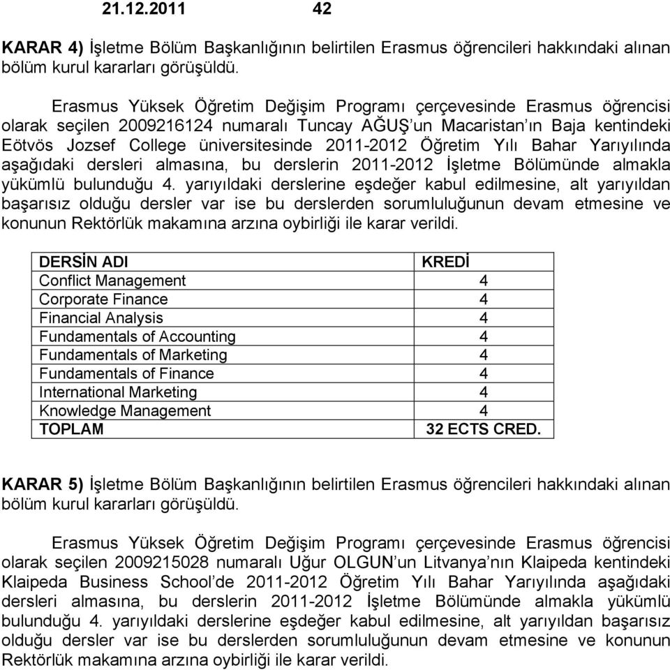 Öğretim Yılı Bahar Yarıyılında aģağıdaki dersleri almasına, bu derslerin 2011-2012 ĠĢletme Bölümünde almakla yükümlü bulunduğu 4.