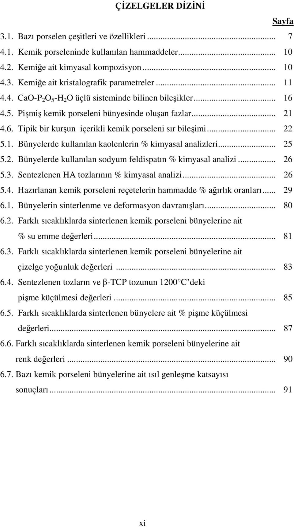 .. 25 5.2. Bünyelerde kullanılan sodyum feldispatın % kimyasal analizi... 26 5.3. Sentezlenen HA tozlarının % kimyasal analizi... 26 5.4.