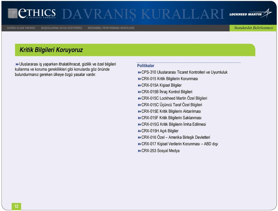 CPS-310 Uluslararası Ticaret Kontrolleri ve Uyumluluk CRX-015 Kritik Bilgilerin Korunması CRX-015A Kişisel Bilgiler CRX-015B İhraç Kontrol Bilgileri CRX-015C Lockheed