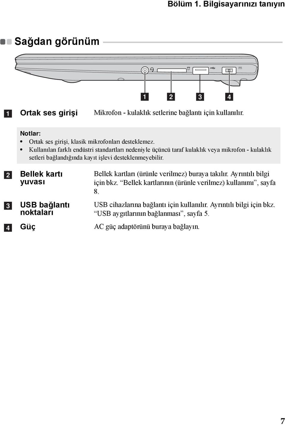 - - a b c d a Ortak ses girişi Mikrofon - kulaklık setlerine bağlantı için kullanılır. Notlar: Ortak ses girişi, klasik mikrofonları desteklemez.