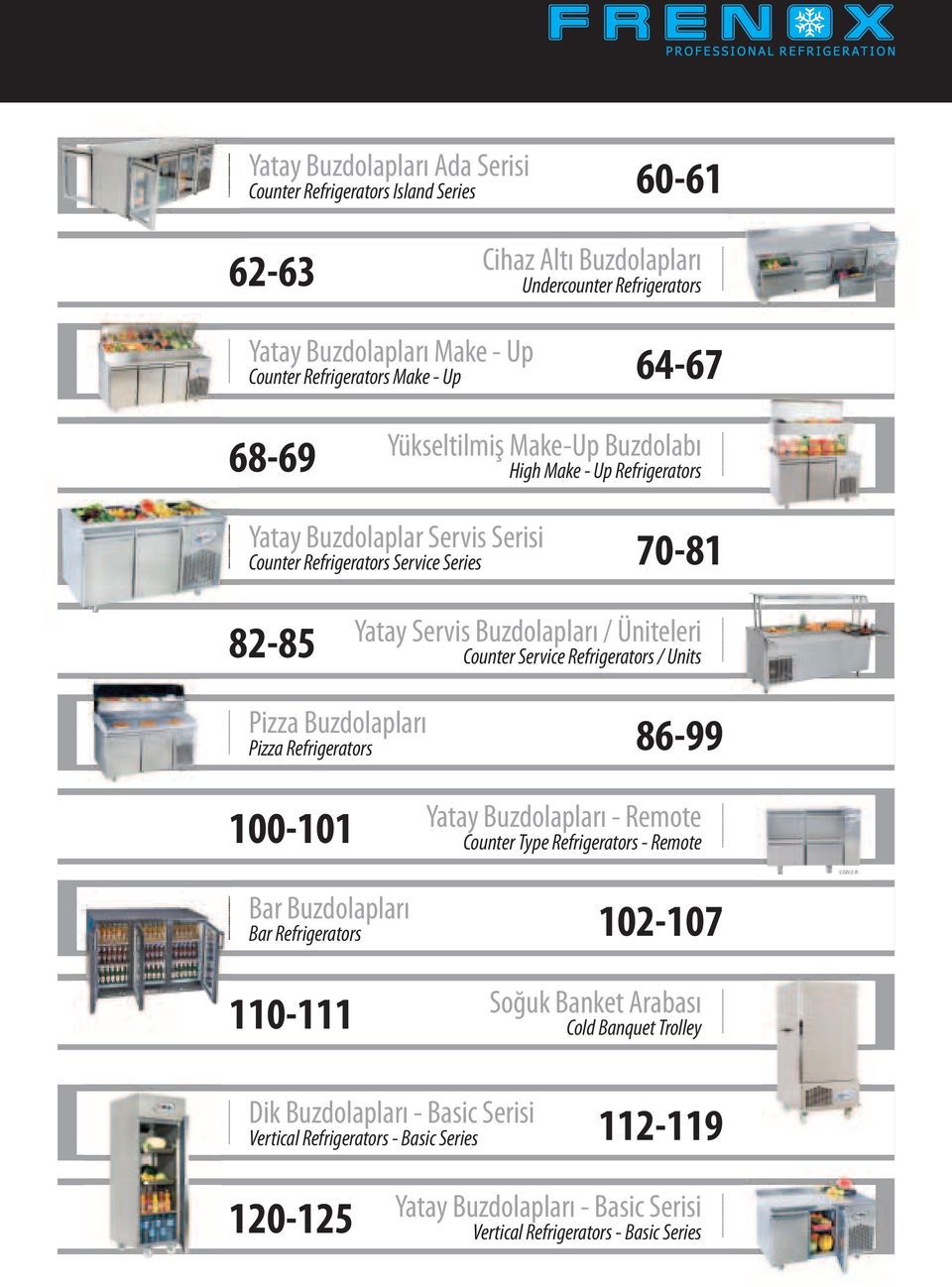 Service Refrigerators / Units Pizza Buzdolapları Pizza Refrigerators 86-99 100-101 Yatay Buzdolapları - Remote Counter Type Refrigerators - Remote Bar Buzdolapları Bar Refrigerators 102-107 CGN2-R