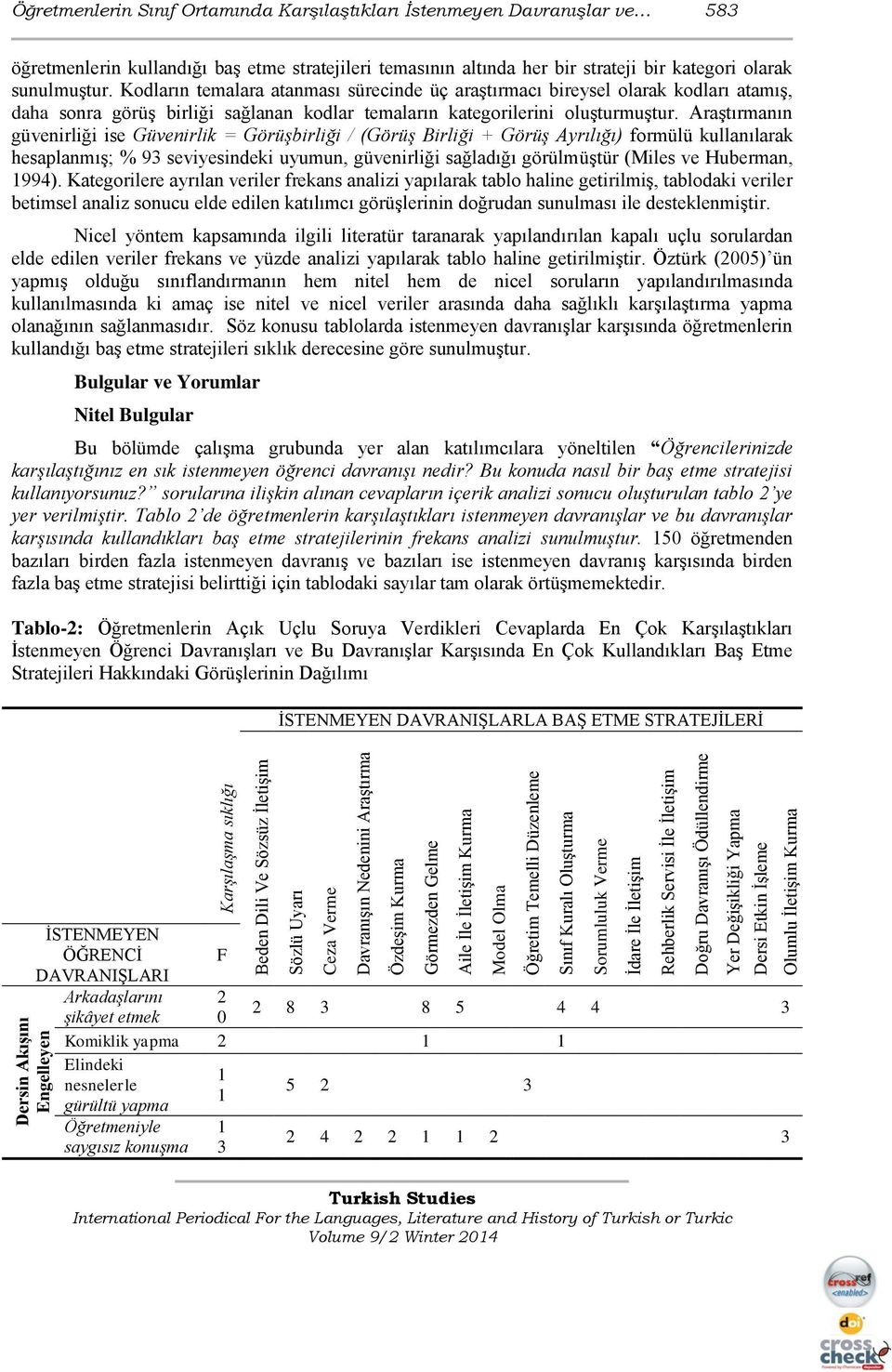 Araştırmanın güvenirliği ise Güvenirlik = Görüşbirliği / (Görüş Birliği + Görüş Ayrılığı) formülü kullanılarak hesaplanmış; % 9 seviyesindeki uyumun, güvenirliği sağladığı görülmüştür (Miles ve