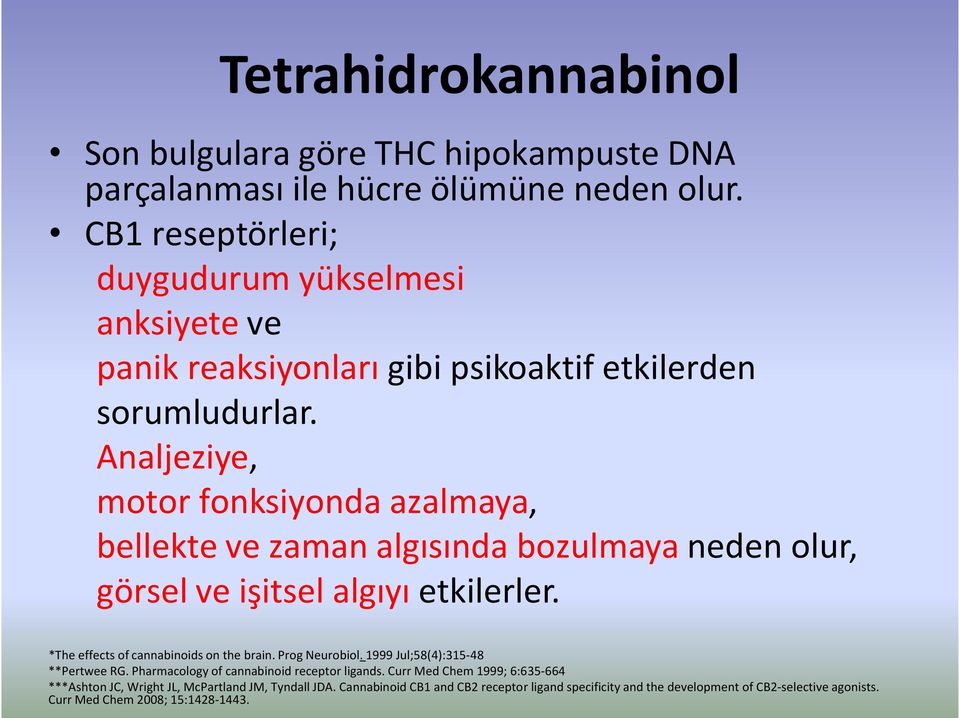 Analjeziye, motor fonksiyonda azalmaya, bellekte ve zaman algısında bozulmaya neden olur, görsel ve işitsel algıyı etkilerler. *The effects of cannabinoids on the brain.