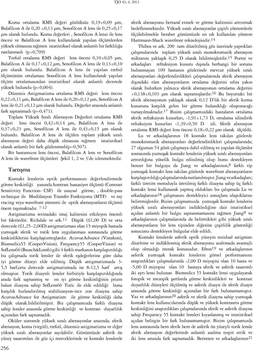 Trefoil ortalama RMS değeri lens öncesi 0,10±0,05 µm, Balafilcon A ile 0,17±0,12 µm, Senofilcon A lens ile 0,13±0,10 µm olarak bulundu.