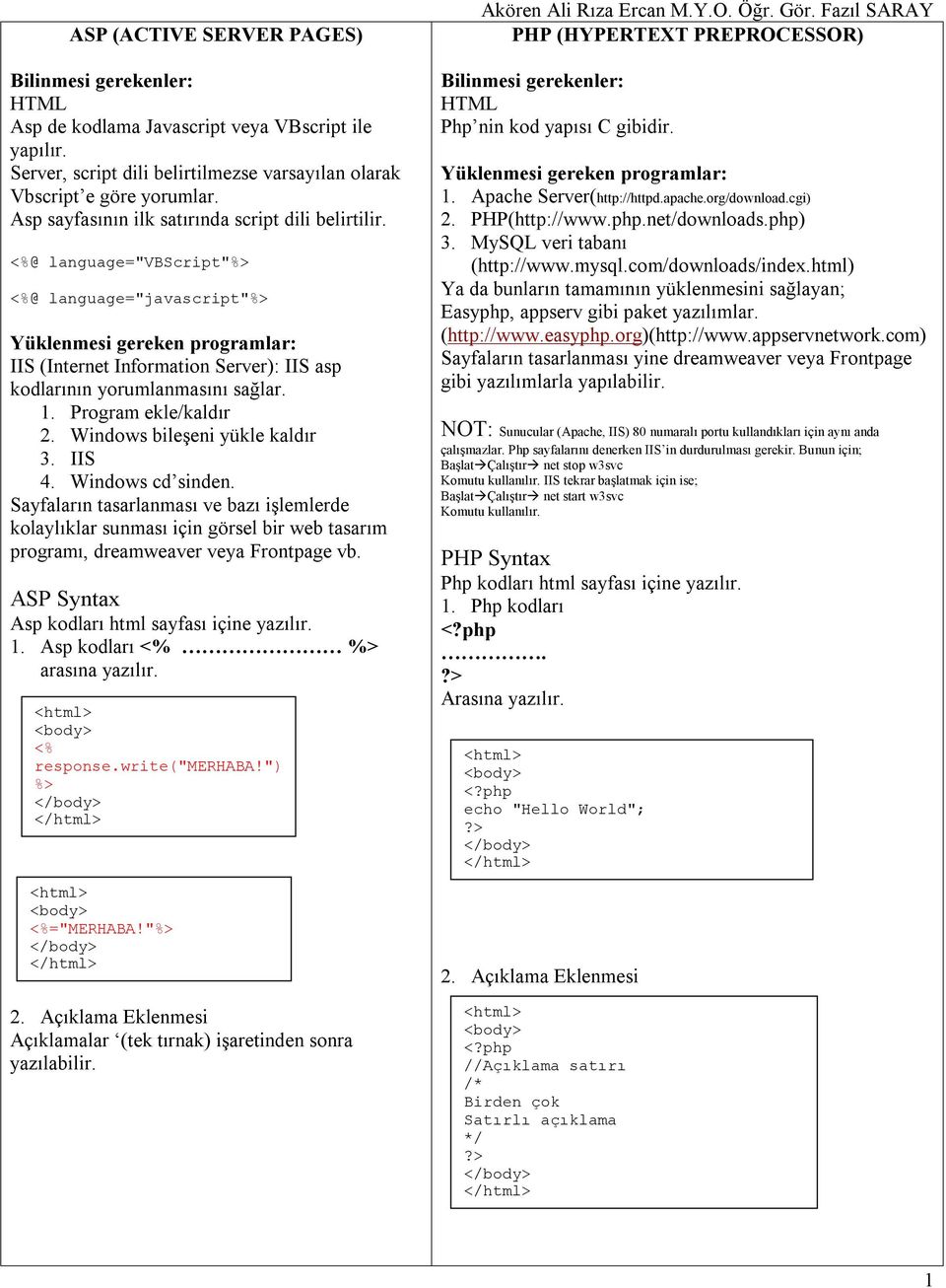 @ language="vbscript" @ language="javascript" Yüklenmesi gereken programlar: IIS (Internet Information Server): IIS asp kodlarının yorumlanmasını sağlar. 1. Program ekle/kaldır 2.