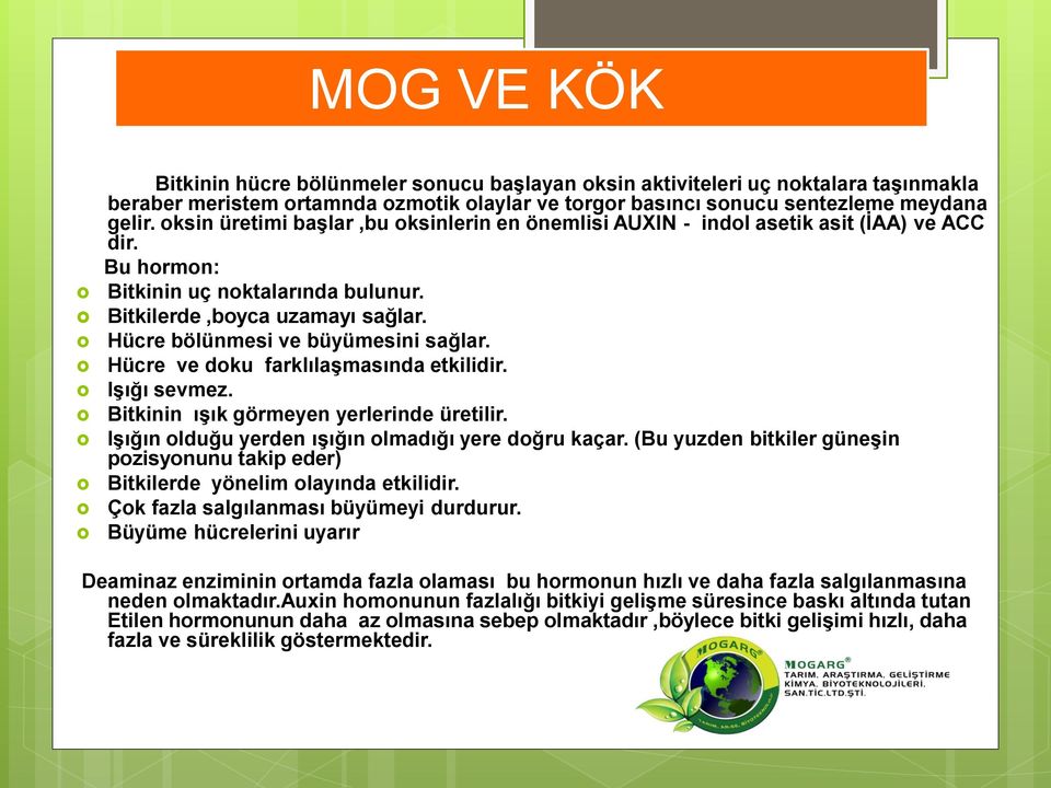 Hücre bölünmesi ve büyümesini sağlar. Hücre ve doku farklılaşmasında etkilidir. Işığı sevmez. Bitkinin ışık görmeyen yerlerinde üretilir. Işığın olduğu yerden ışığın olmadığı yere doğru kaçar.