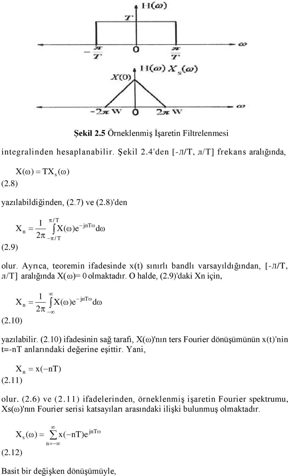 0) n = X( ω)e π jntω dω yazılabilir. (.0) ifadesinin sağ tarafı, X(ω)'nın ters Fourier dönüşümünün x(t)'nin t=-nt anlarındaki değerine eşittir. Yani, X n (.) = x( nt) olur. (.6) ve (.