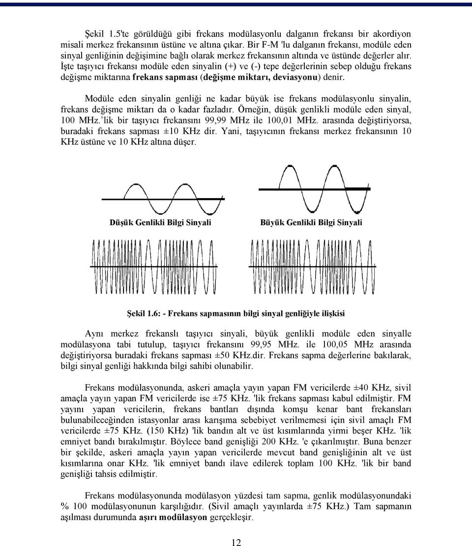 İşte taşıyıcı frekansı modüle eden sinyalin (+) ve (-) tepe değerlerinin sebep olduğu frekans değişme miktarına frekans sapması (değişme miktarı, deviasyonu) denir.