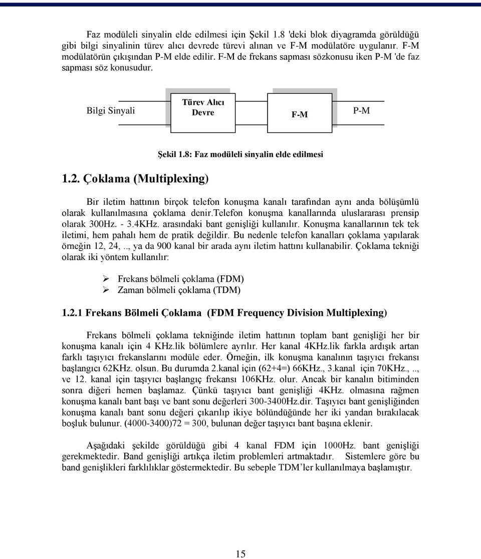 8: Faz modüleli sinyalin elde edilmesi Bir iletim hattının birçok telefon konuşma kanalı tarafından aynı anda bölüşümlü olarak kullanılmasına çoklama denir.