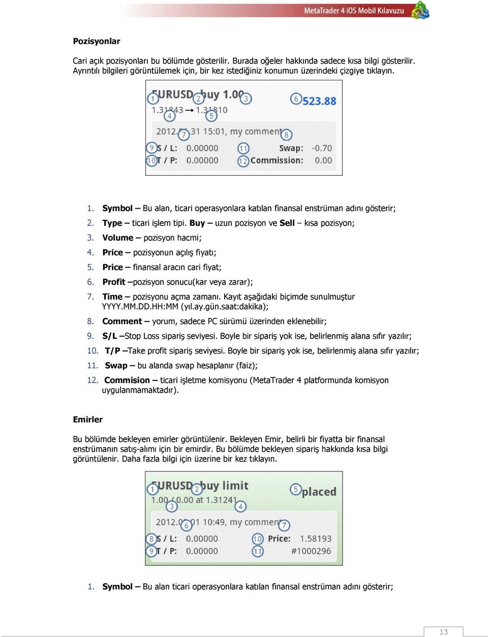 Type ticari işlem tipi. Buy uzun pozisyon ve Sell kısa pozisyon; 3. Volume pozisyon hacmi; 4. Price pozisyonun açılış fiyatı; 5. Price finansal aracın cari fiyat; 6.