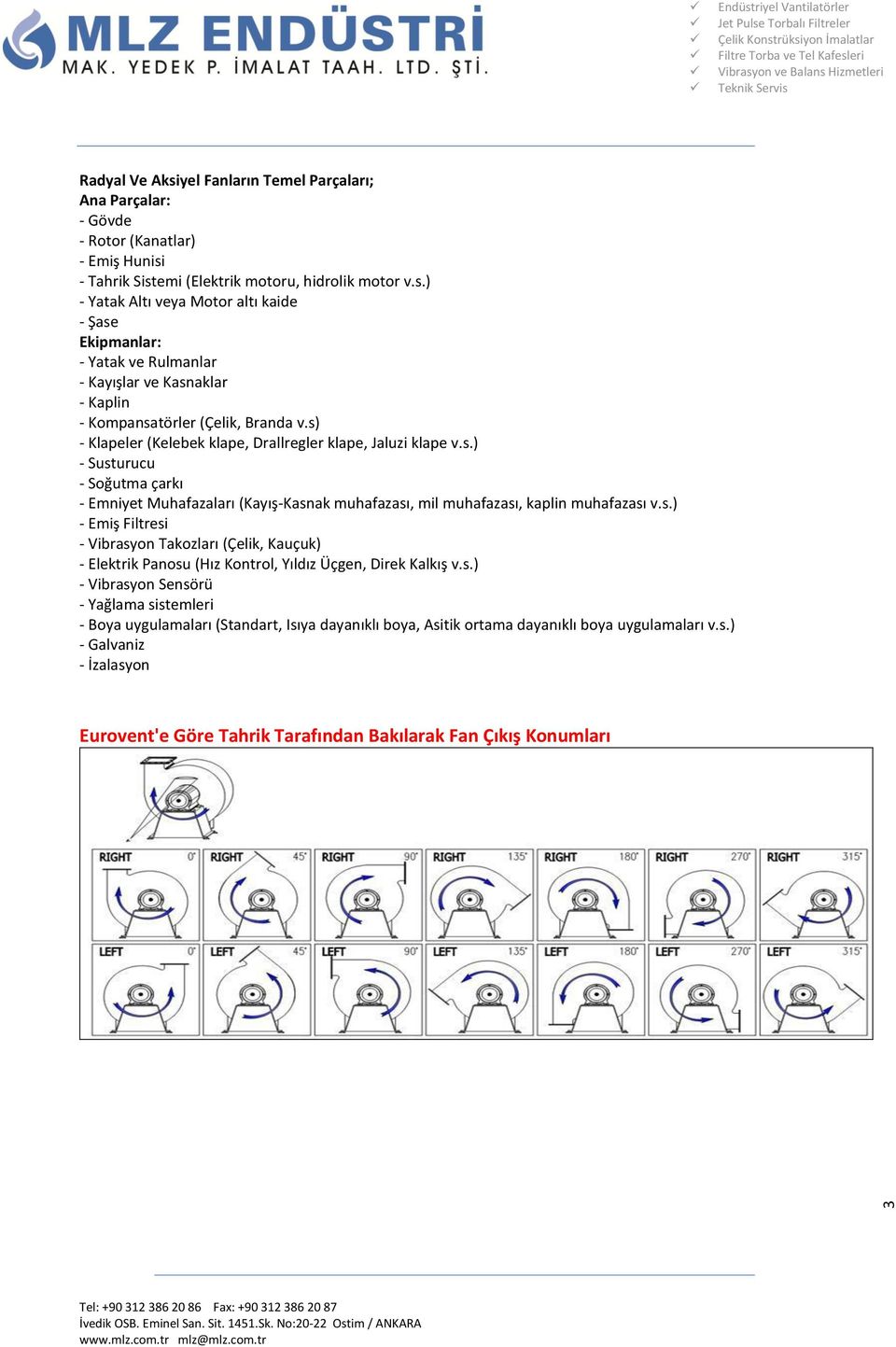 s.) - Vibrasyon Sensörü - Yağlama sistemleri - Boya uygulamaları (Standart, Isıya dayanıklı boya, Asitik ortama dayanıklı boya uygulamaları v.s.) - Galvaniz - İzalasyon Eurovent'e Göre Tahrik Tarafından Bakılarak Fan Çıkış Konumları