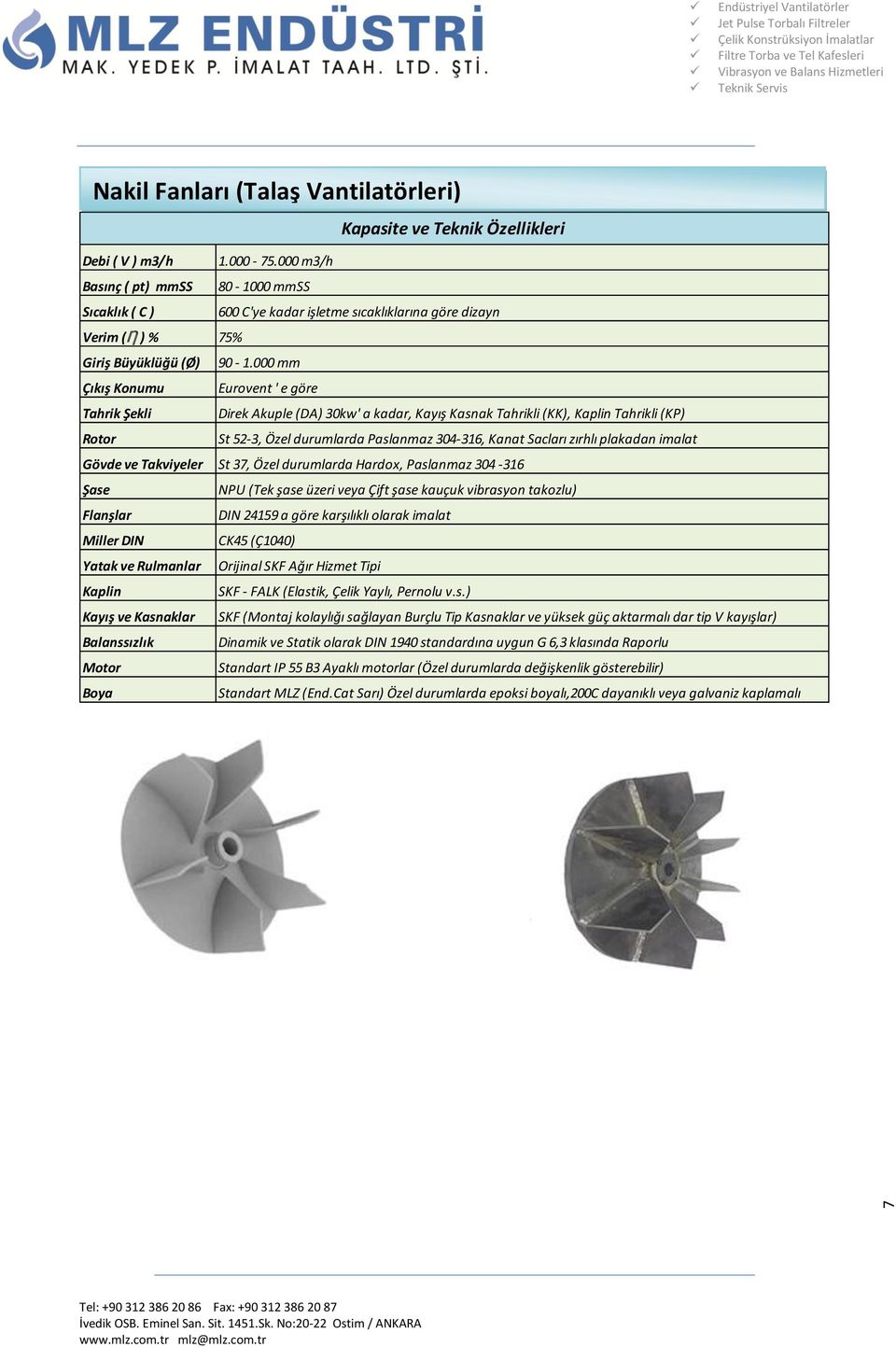 000 mm Çıkış Konumu Eurovent ' e göre Tahrik Şekli Direk Akuple (DA) 30kw' a kadar, Kayış Kasnak Tahrikli (KK), Kaplin Tahrikli (KP) Rotor St 52-3, Özel durumlarda Paslanmaz 304-316, Kanat Sacları