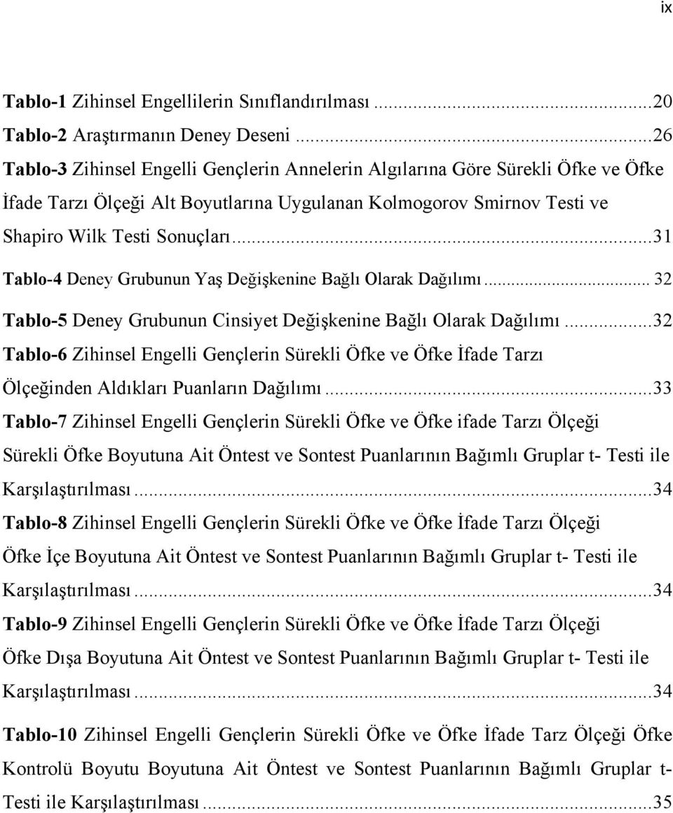 .. 31 Tablo-4 Deney Grubunun Yaş Değişkenine Bağlı Olarak Dağılımı... 32 Tablo-5 Deney Grubunun Cinsiyet Değişkenine Bağlı Olarak Dağılımı.