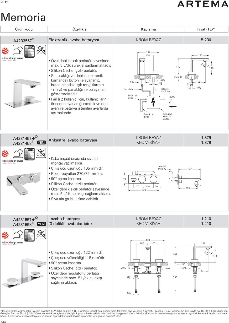 Farklı 2 kullanıcı için, kullanıcıların önceden ayarladığı sıcaklık ve debi ayarı ile batarya istenilen ayarlarda açılmaktadır. A4231457 A4231458 Ankastre lavabo bataryası -BEYAZ -SİYAH 1.379 1.