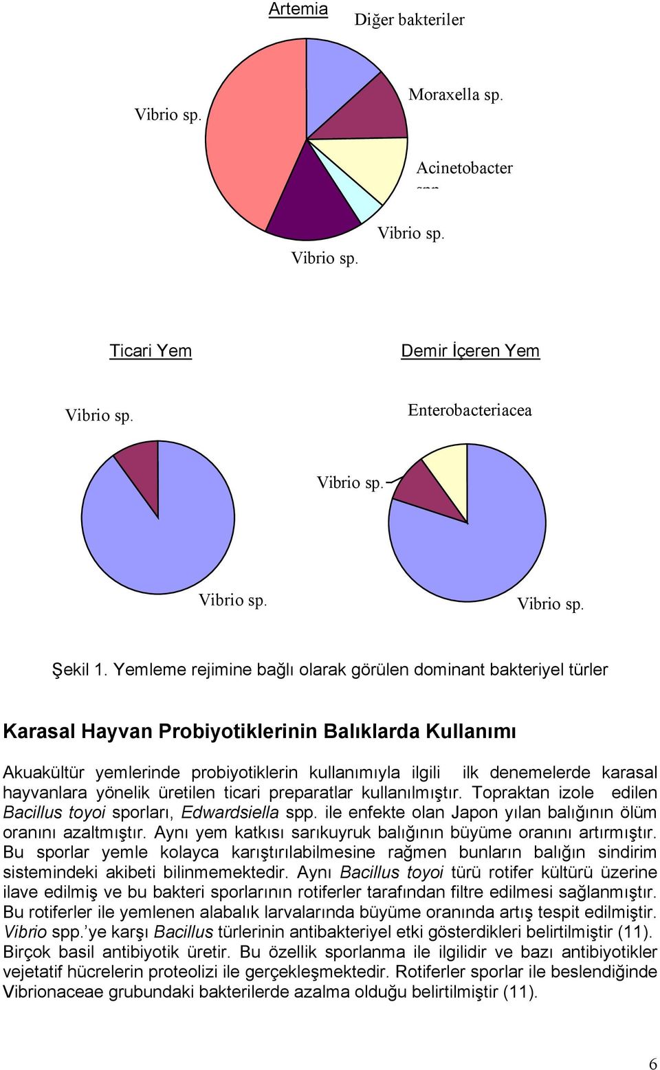 karasal hayvanlara yönelik üretilen ticari preparatlar kullanılmıştır. Topraktan izole edilen Bacillus toyoi sporları, Edwardsiella spp.