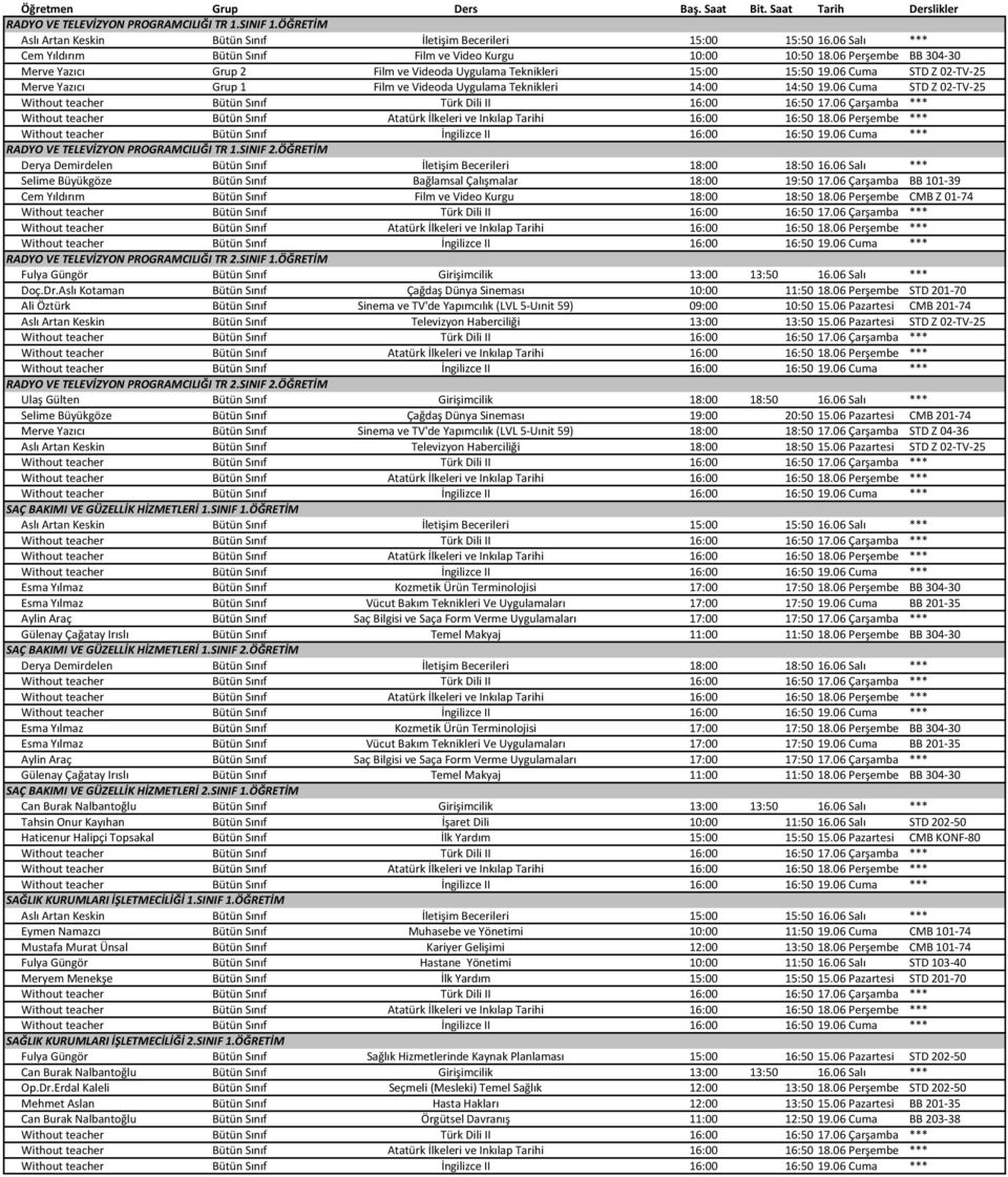 06 Cuma STD Z 02-TV-25 RADYO VE TELEVİZYON PROGRAMCILIĞI TR 1.SINIF 2.ÖĞRETİM Selime Büyükgöze Bütün Sınıf Bağlamsal Çalışmalar 18:00 19:50 17.