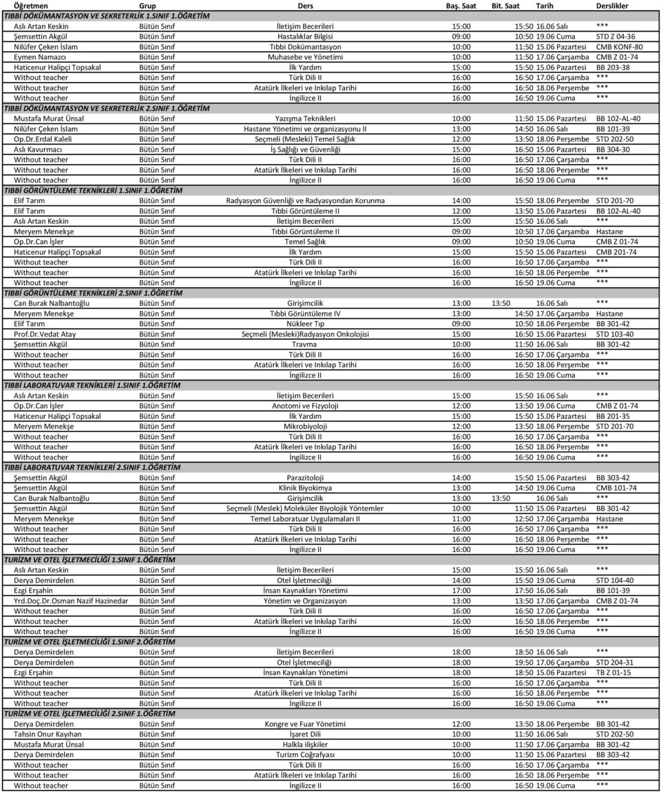 06 Çarşamba CMB Z 01-74 Haticenur Halipçi Topsakal Bütün Sınıf İlk Yardım 15:00 15:50 15.06 Pazartesi BB 203-38 TIBBİ DÖKÜMANTASYON VE SEKRETERLİK 2.SINIF 1.