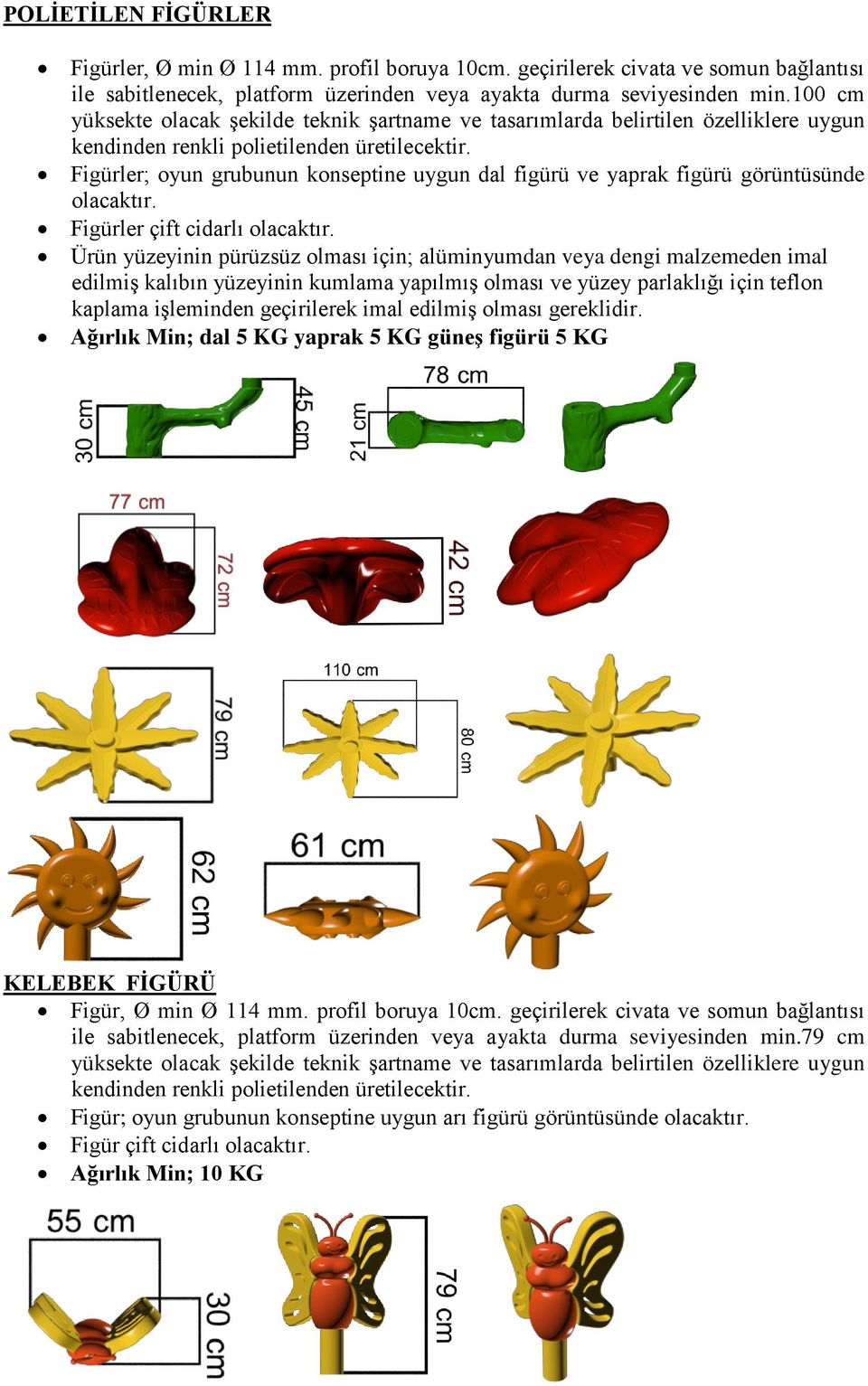 Figürler; oyun grubunun konseptine uygun dal figürü ve yaprak figürü görüntüsünde Figürler çift cidarlı Ağırlık Min; dal 5 KG yaprak 5 KG güneş figürü 5 KG KELEBEK FİGÜRÜ Figür, Ø min Ø 114 mm.