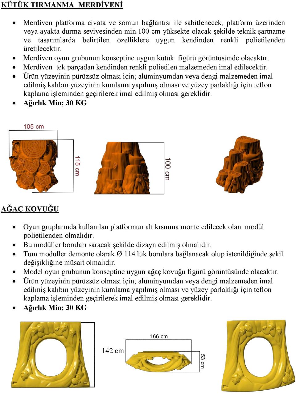 Merdiven oyun grubunun konseptine uygun kütük figürü görüntüsünde Merdiven tek parçadan kendinden renkli polietilen malzemeden imal edilecektir.