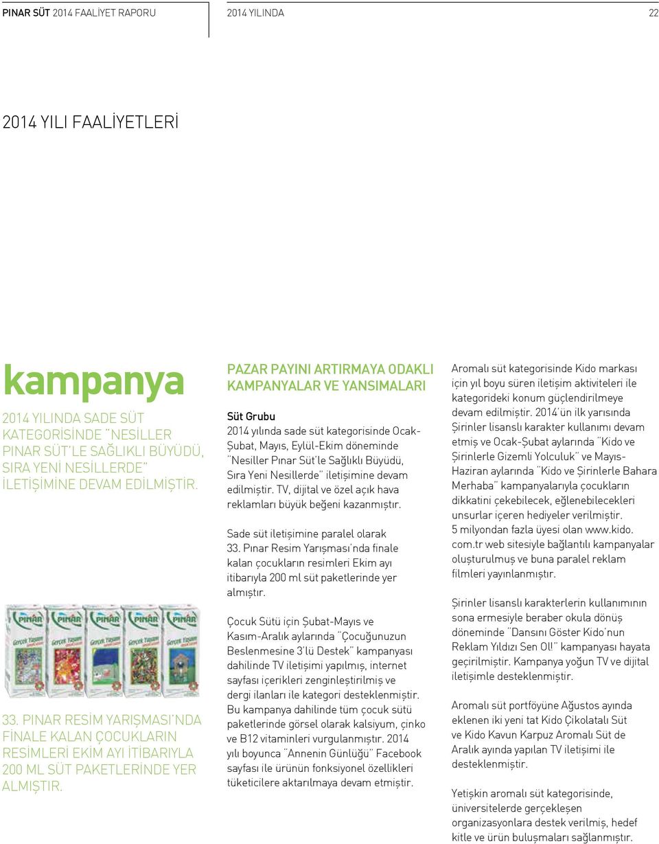 PAZAR PAYINI ARTIRMAYA ODAKLI KAMPANYALAR VE YANSIMALARI Süt Grubu 2014 yılında sade süt kategorisinde Ocak- Şubat, Mayıs, Eylül-Ekim döneminde Nesiller Pınar Süt le Sağlıklı Büyüdü, Sıra Yeni