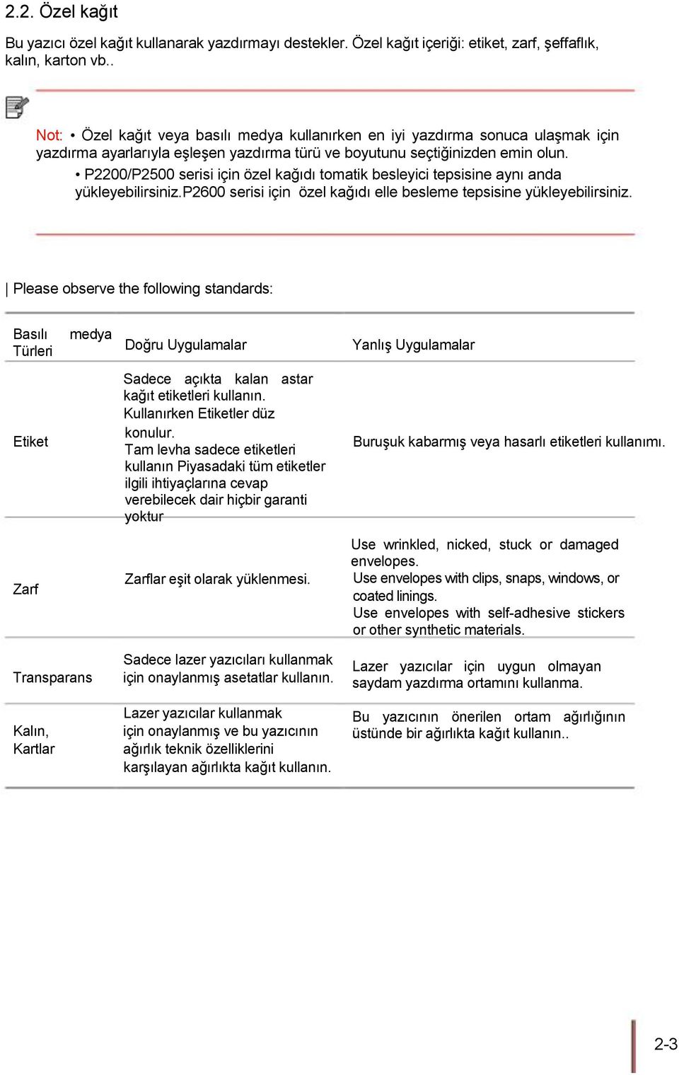 P2200/P2500 serisi için özel kağıdı tomatik besleyici tepsisine aynı anda yükleyebilirsiniz.p2600 serisi için özel kağıdı elle besleme tepsisine yükleyebilirsiniz.