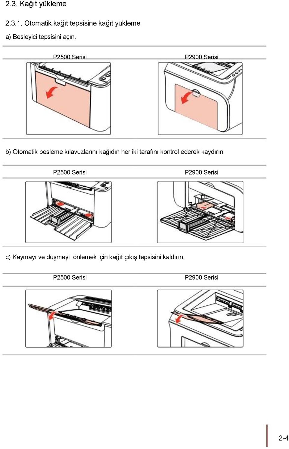 P2500 Serisi P2900 Serisi b) Otomatik besleme kılavuzlarını kağıdın her iki